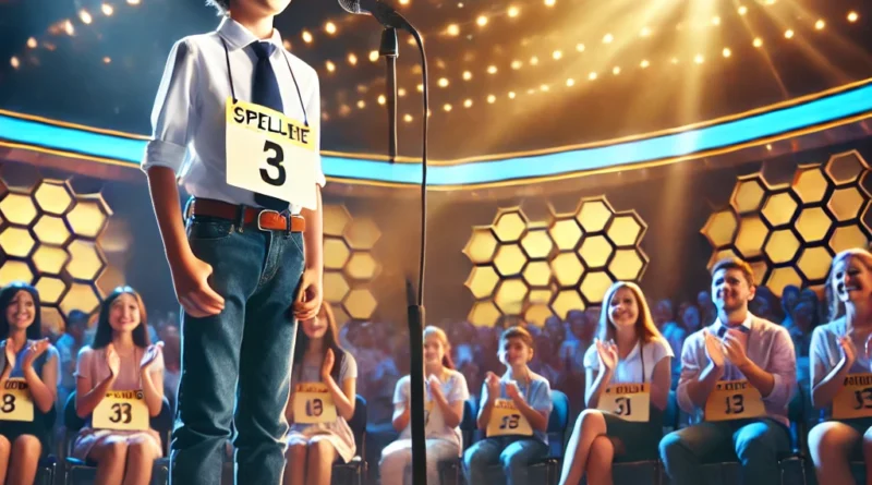 A student confidently giving a spelling bee answer on stage