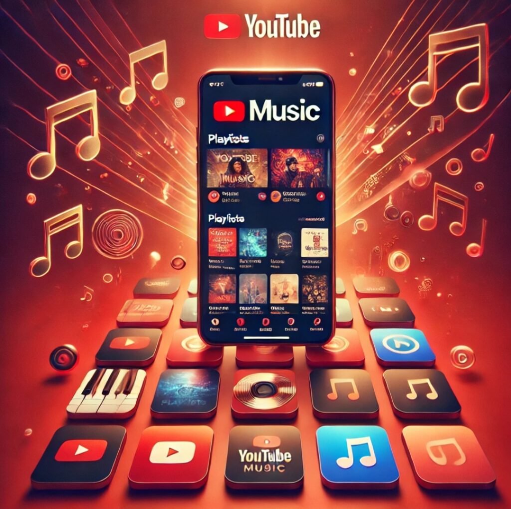 YouTube Music app interface showing playlists and personalized recommendations