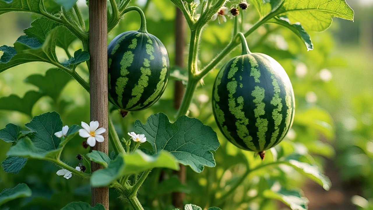 Ripe sugar baby watermelon cut open showing red flesh and black seeds
