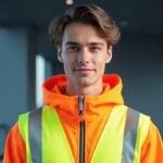 Construction worker wearing fluorescent yellow hi vis hoodie with reflective strips