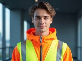 Construction worker wearing fluorescent yellow hi vis hoodie with reflective strips