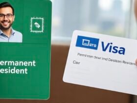 U.S. green card and visa documents placed side by side on passport