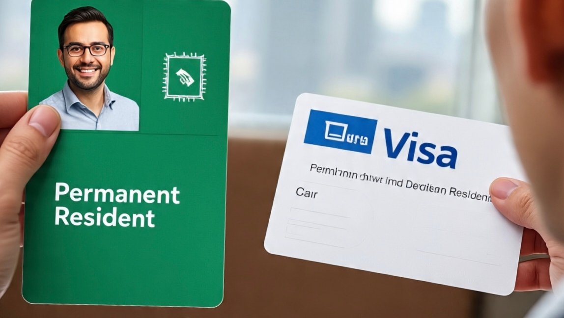 U.S. green card and visa documents placed side by side on passport