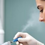 Dental hygienist using air polishing device to clean patient teeth