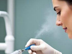 Dental hygienist using air polishing device to clean patient teeth