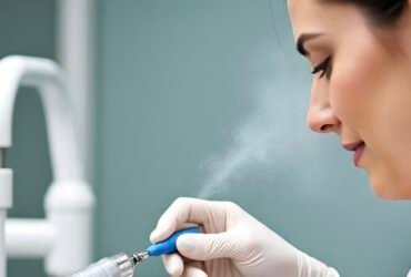 Dental hygienist using air polishing device to clean patient teeth