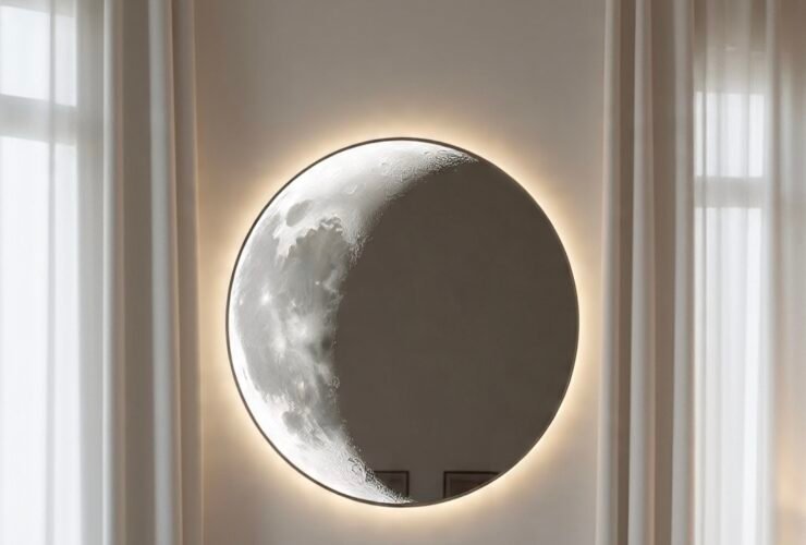 Decorative full moon mirror with textured lunar surface mounted on living room wall