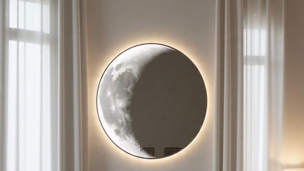 Decorative full moon mirror with textured lunar surface mounted on living room wall