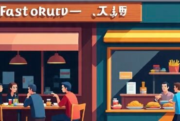 Comparison of restaurant dining table and fast food burger meal