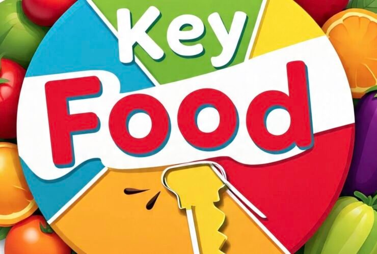 Shopper checking Key Food circular in grocery store